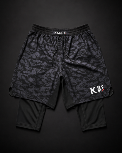 KAGE 2 in 1 compression rash guard shorts knee length for mma and bjj