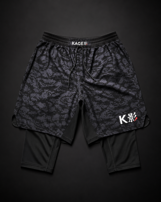 KAGE 2 in 1 compression rash guard shorts knee length for mma and bjj