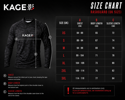 KAGE MMA and No-Gi bjj rash guard size guide