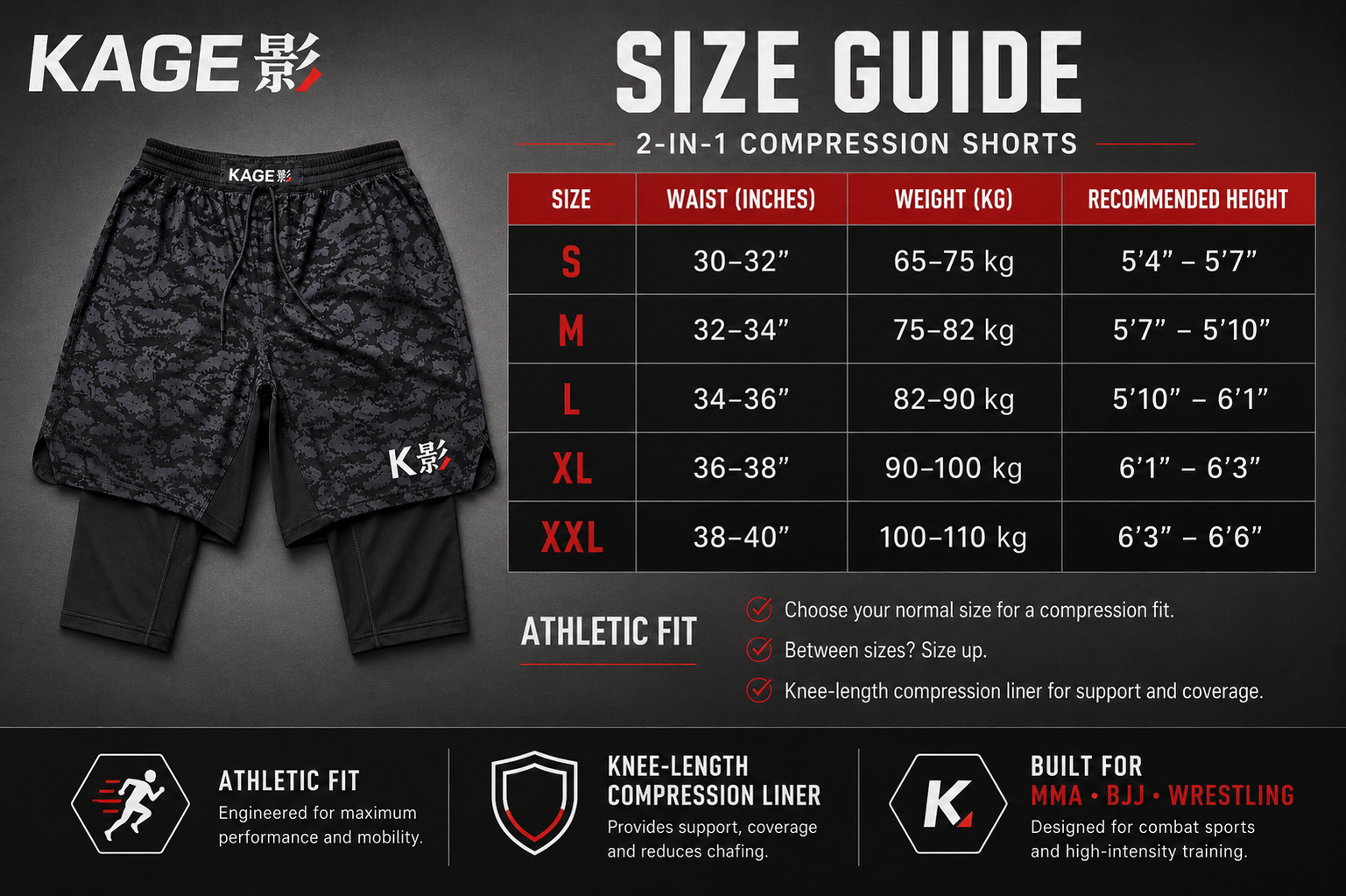 mma 2 in 1 shorts size guide